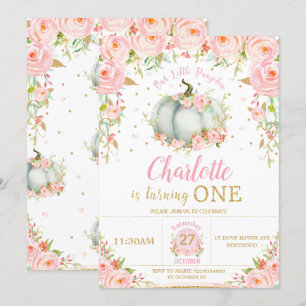 Invitation Rose Floral Petite fille Citrouille 1er premier an