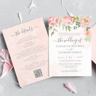 Invitation Rose Floral Pivoine Code QR Tout En Un Mariage