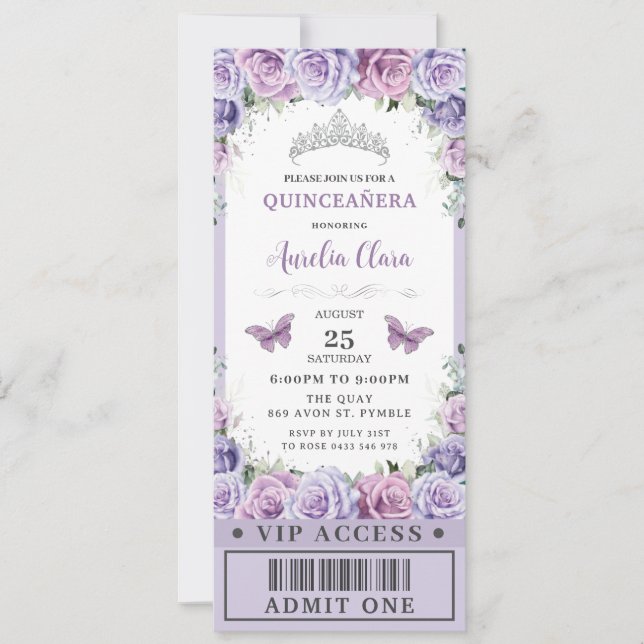 Invitation Rose floral pourpre Quinceañera Sweet 16 VIP Ticke (Devant)