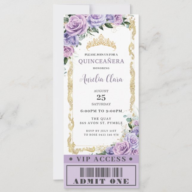 Invitation Rose floral pourpre Quinceañera Sweet 16 VIP Ticke (Devant)