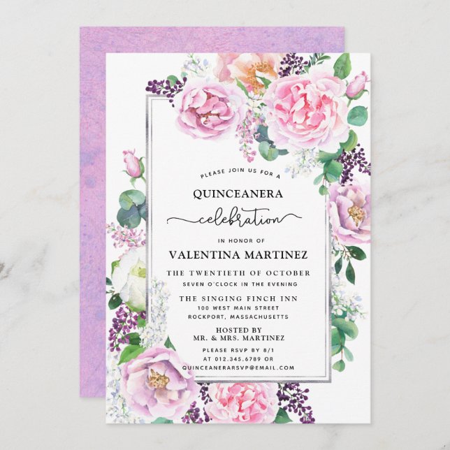 Invitation Rose Floral Quinceanera (Devant / Derrière)