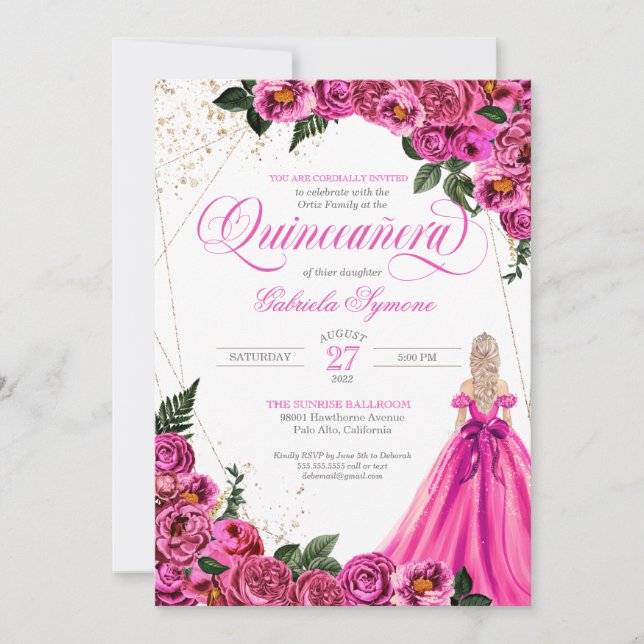 Invitation Rose floral rose & Gold Elegant Gown Quinceañera I (Devant)