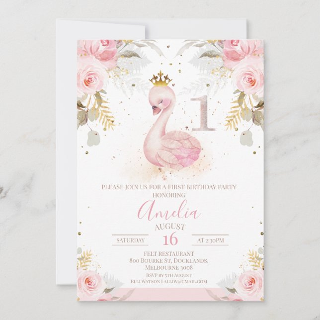 Invitation Rose Floral Rose Princess Swan 1er anniversaire (Devant)