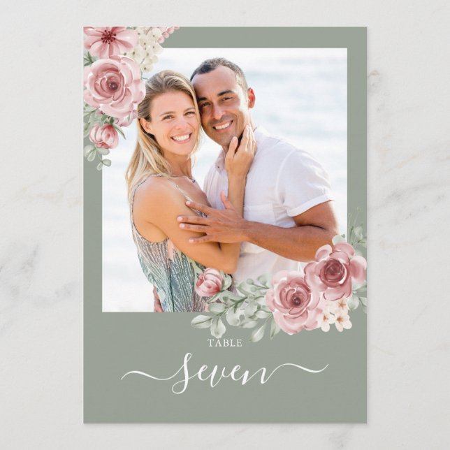 Invitation Rose Floral Sage Green Numéro de tableau photo (Dos)