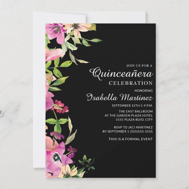Invitation Rose Floral Sage Vert Feuille Black Quinceañera (Devant)
