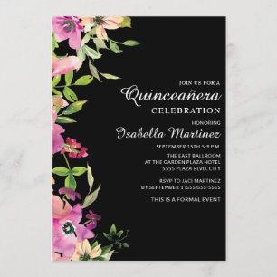 Invitation Rose Floral Sage Vert Feuille Black Quinceañera