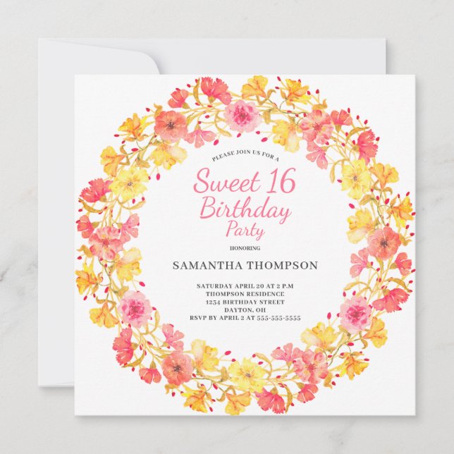 Invitation Rose Floral Sweet 16 Anniversaire (Devant)