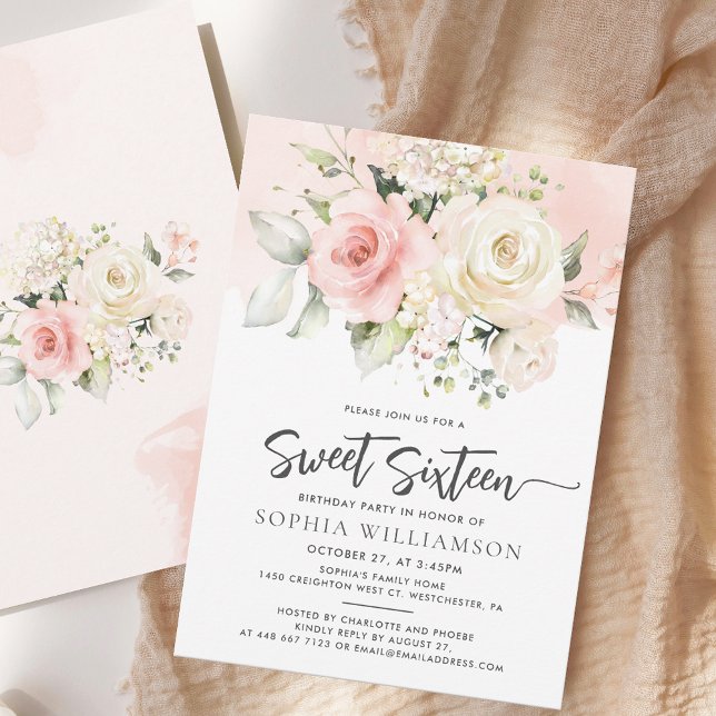 Invitation Rose Floral Sweet 16 Anniversaire (Pink Floral Sweet Sixteen Script Modern Watercolor 16th Birthday Party Invitation)