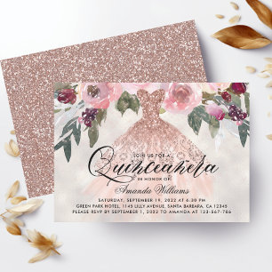 Invitation Rose floral tendance Gold Gown Quinceañera