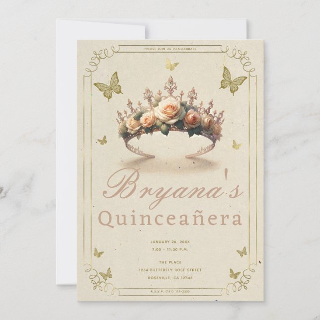 Invitation Rose Floral Tiara & Papillons d'or Quinceañera (Devant)
