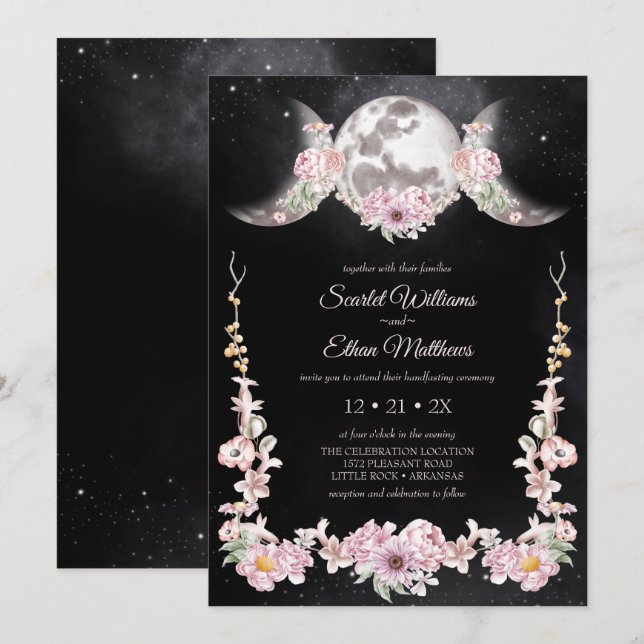 Invitation Rose Floral Triple Lune Déesse Magique Handfasting (Devant / Derrière)