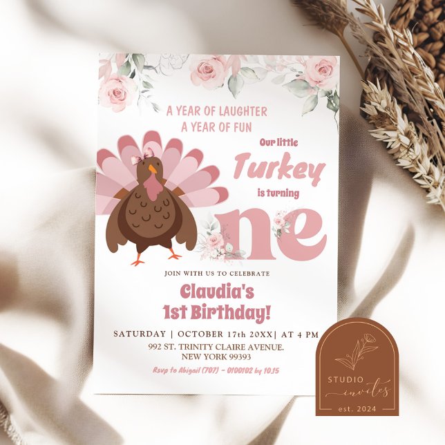 Invitation Rose Floral Turquie premier anniversaire fille (Créateur téléchargé)