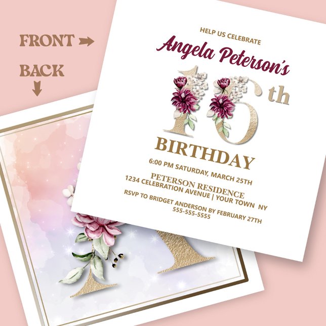 Invitation Rose Floral Une fête du 16e anniversaire (Créateur téléchargé)