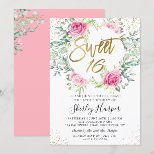 Invitation Rose Floral Vert Or Script Sweet 16 Anniversaire