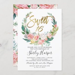 Invitation Rose Floral vert Wreath Gold Script Sweet 16