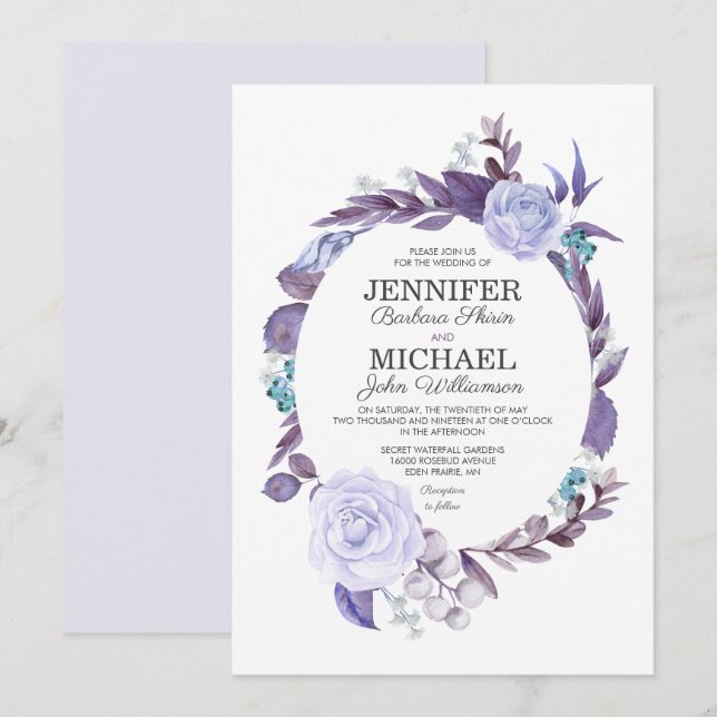 Invitation Rose floral violet Feuille Mariage de couronne  (Devant / Derrière)