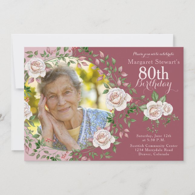 Invitation Rose Floral Wreath Photo Anniversaire (Devant)