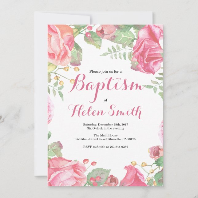 Invitation rose florale de baptême de fille (Devant)