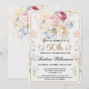 Invitation Rose Florale Élégante Peinte Teintée 50e Anniversa