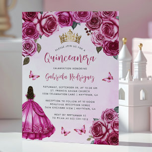 Invitation Rose Florale Fuschia Quinceañera Aquarelle