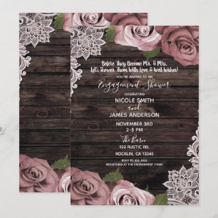 Invitation Rose florale rose poussiéreuse Bois rustique Engag