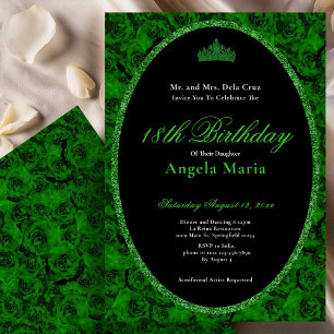 Invitation Rose Florale Verte Élégante Début 18e Anniversaire
