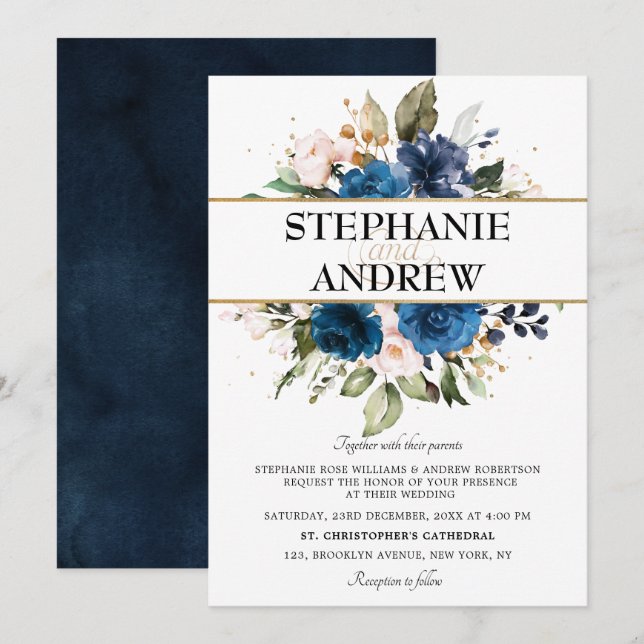 Invitation Rose flou bleu de la marine romantique Mariage flo (Devant / Derrière)