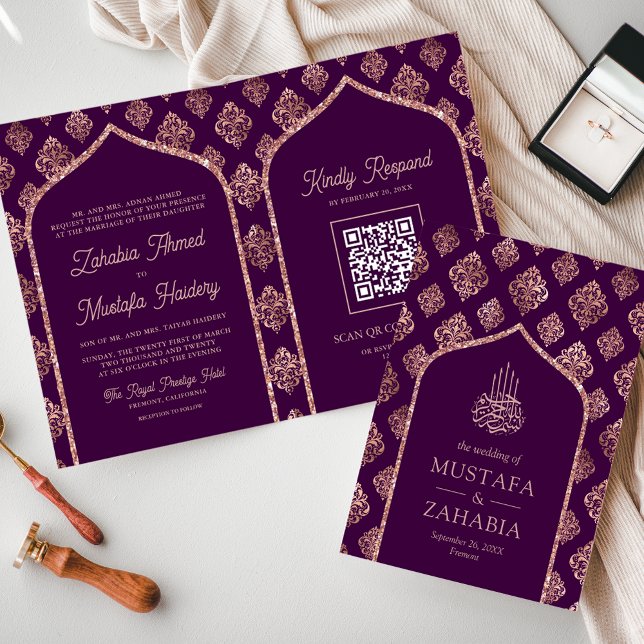 Invitation Rose foncé violet or Damask Arch QR Code musulman (Créateur téléchargé)
