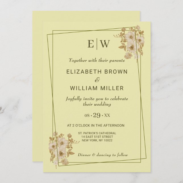 Invitation Rose Frame – Monogram Celestial Yellow Wedding (Devant / Derrière)