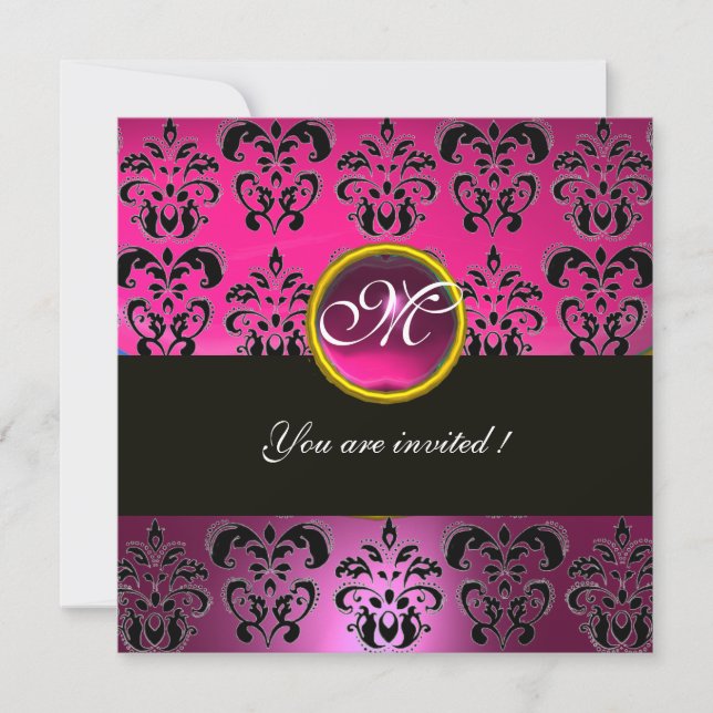 Invitation ROSE FUCHSIA NOIR DAMASK MONOGRAM, améthyste (Devant)
