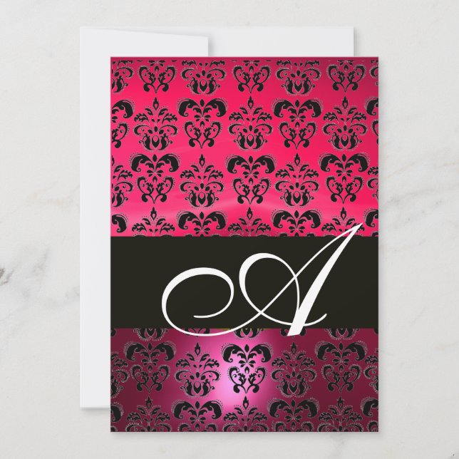 Invitation ROSE FUCHSIA NOIR DAMASK MONOGRAM, blanc vif (Devant)