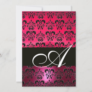 Invitation ROSE FUCHSIA NOIR DAMASK MONOGRAM, blanc vif