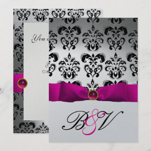 INVITATION ROSE FUCHSIA RIBBON ARGENT NOIR DAMASK MONOGRAM