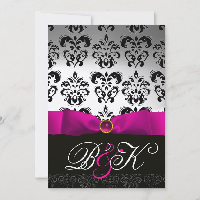INVITATION ROSE FUCHSIA RIBBON BLANC BLACK DAMASK MONOGRAM (Devant)