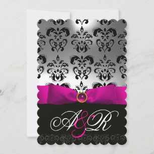 INVITATION ROSE FUCHSIA RIBBON BLANC BLACK DAMASK MONOGRAM