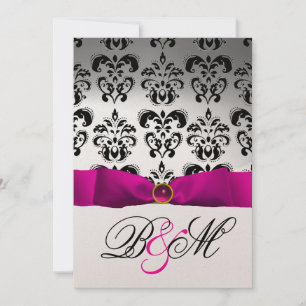 INVITATION ROSE FUCHSIA RIBBON OR BLACK DAMASK MONOGRAM