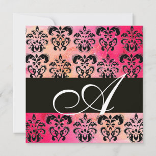 Invitation ROSE FUCHSIA ROUGE BLACK DAMASK MONOGRAM, blanc