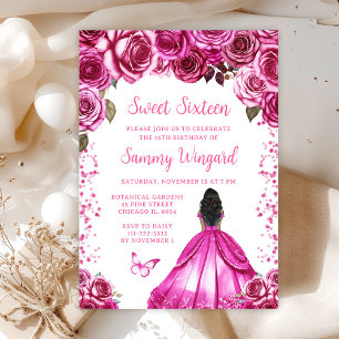 Invitation Rose Fuschia Princesse Peau Noire Sweet Sixteen