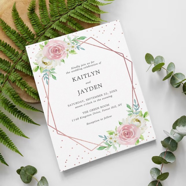 Invitation Rose géométrique chic Gold Foil Mariage floral (Créateur téléchargé)