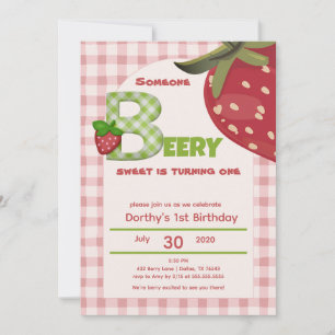 Invitation Rose Gingham Fraise Baie Premier Anniversaire Invi