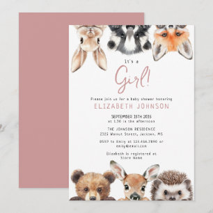 Invitation Rose Girl Cute Forest Baby shower des animaux de b