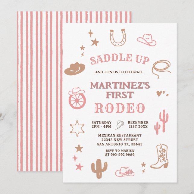 Invitation Rose Girl My First Rodeo Cowgirl Birthday (Devant / Derrière)