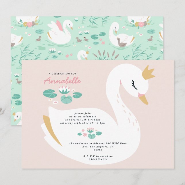 Invitation Rose girly élégant mignon belle cygne enfants (Devant / Derrière)