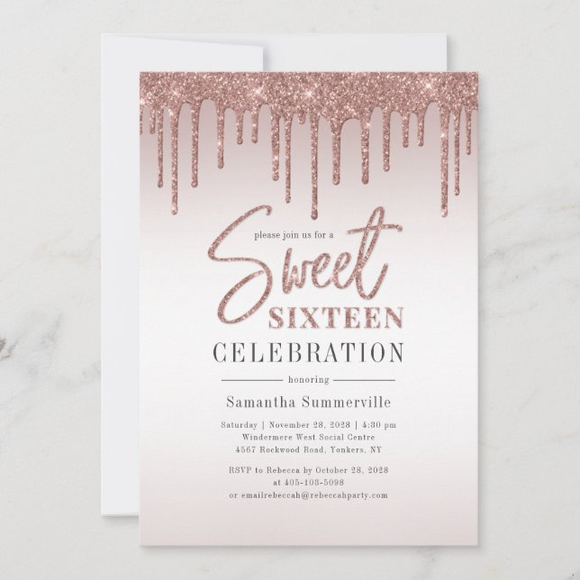 Invitation Rose Gold 16e anniversaire Script Party (Devant)