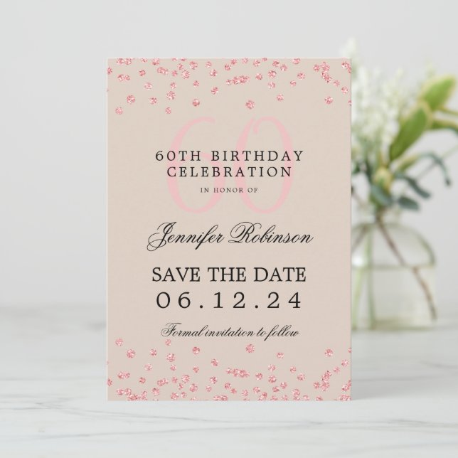Invitation Rose Gold 60th Birthday Save the Date Champagne (Debout devant)