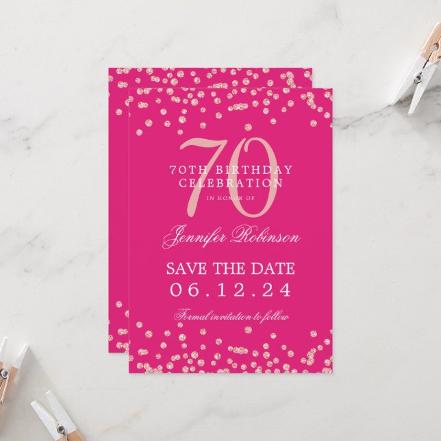 Invitation Rose Gold 70th Birthday Save Date Détails Hot Pink (Devant/Arrière en situation)