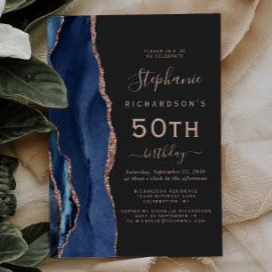 Invitation Rose Gold Agate Bleu Marine 50e Anniversaire Foncé