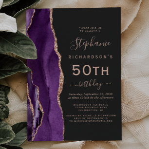 Invitation Rose Gold Agate Violet Foncé 50e Anniversaire