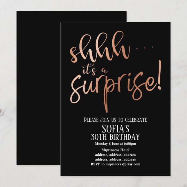 Invitation Rose Gold Aluminium , chut c'est une fête Surprise (Devant / Derrière)