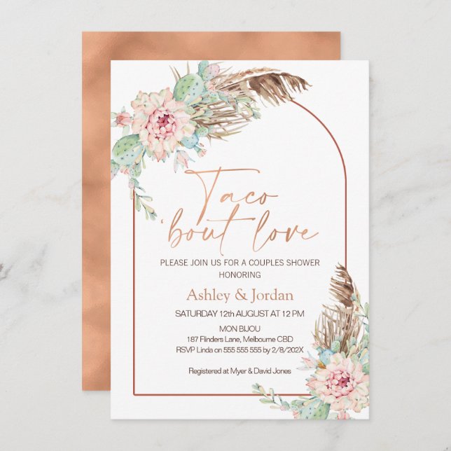Invitation Rose Gold Arch Taco à propos de l'Amour Mariage Bo (Devant / Derrière)